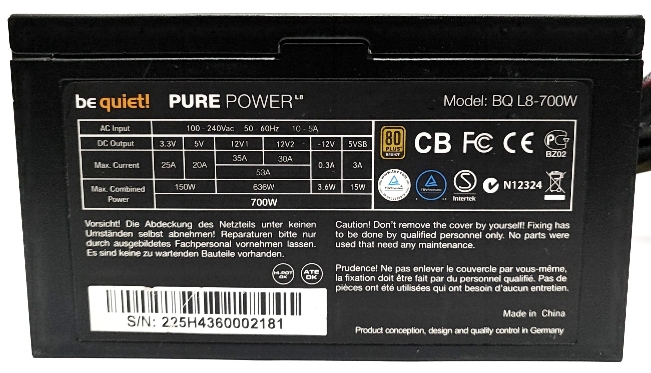 Zasilacz be quiet! Pure Power BQ L8-700W, 80 PLUS Bronze, 700W 20+4 ATX - obrazek 2