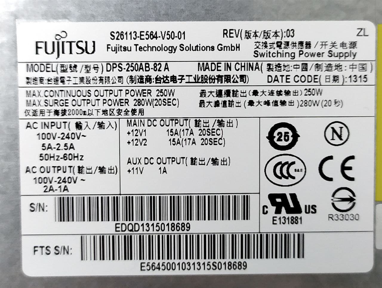 BOX-10 Oryg. zasilacz Fujitsu DPS-250AB-82A 250W P710/E710 (P720) - obrazek 5