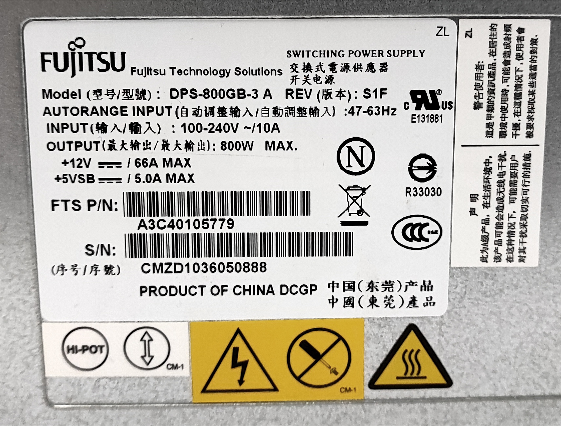 Oryg. zasilacz Fujitsu DPS-800GB-3 A, 800W - obrazek 2